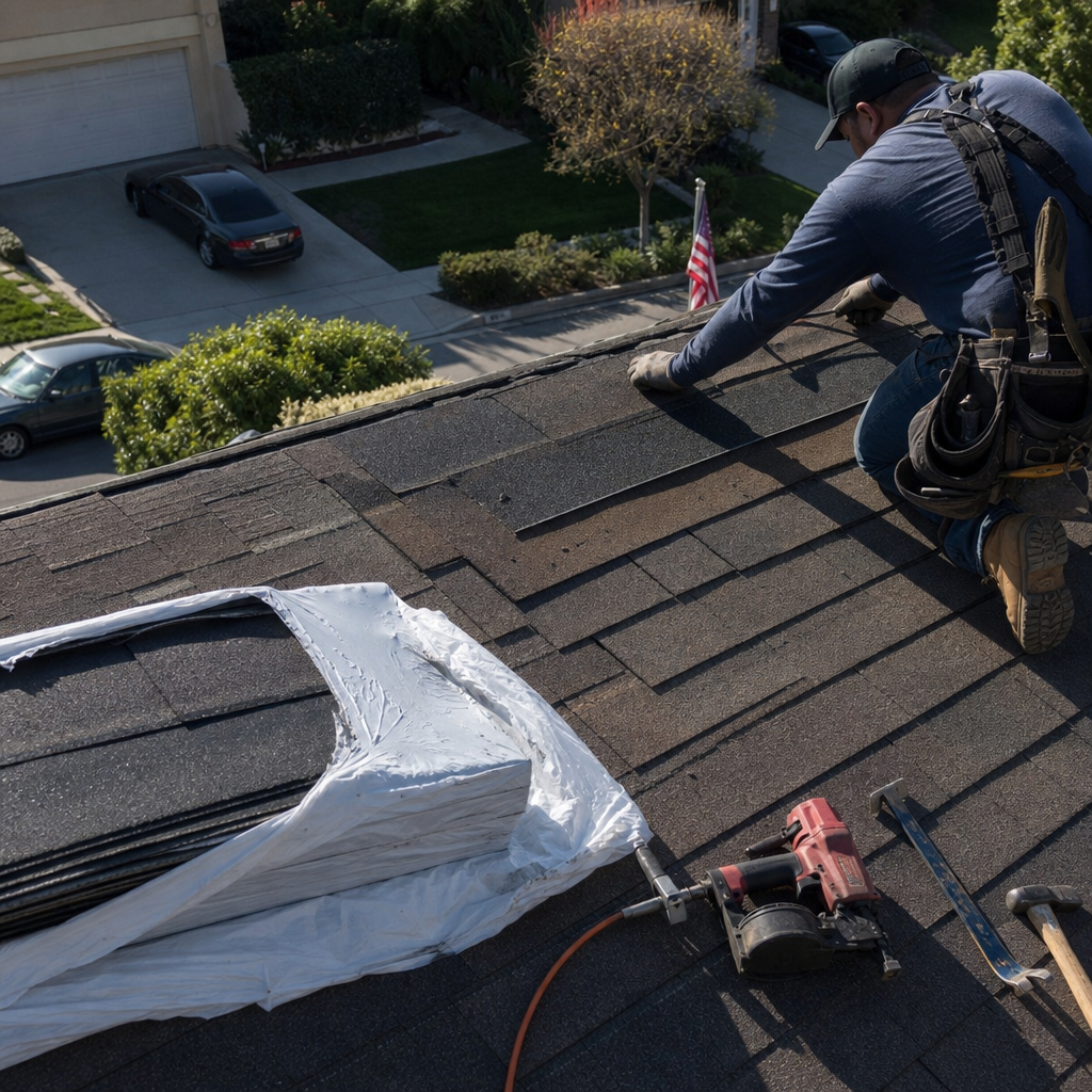 Professional roofer performing shingle installation and roof repair on a home