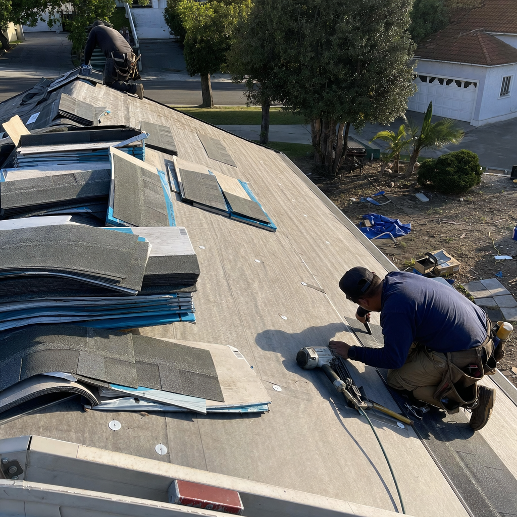 Contractors performing professional roof replacement and shingle installation on a residential home