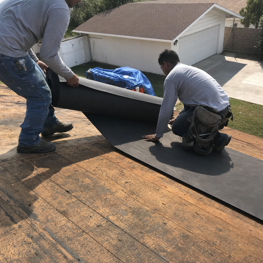Two professional roofers installing black underlayment on a wooden roof deck